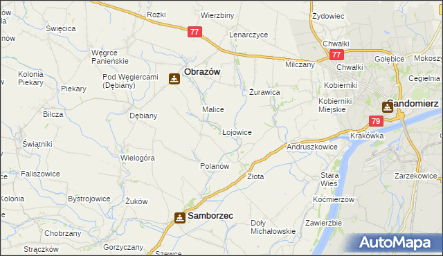 mapa Łojowice gmina Samborzec, Łojowice gmina Samborzec na mapie Targeo
