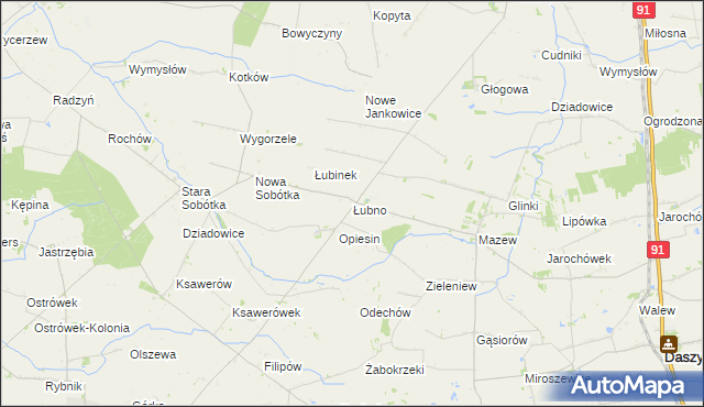 mapa Łubno gmina Daszyna, Łubno gmina Daszyna na mapie Targeo