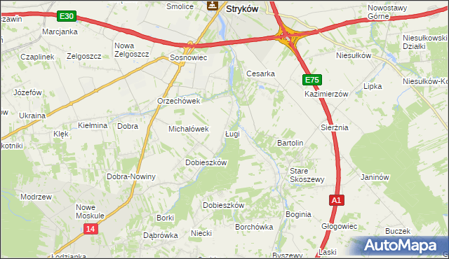 mapa Ługi gmina Stryków, Ługi gmina Stryków na mapie Targeo