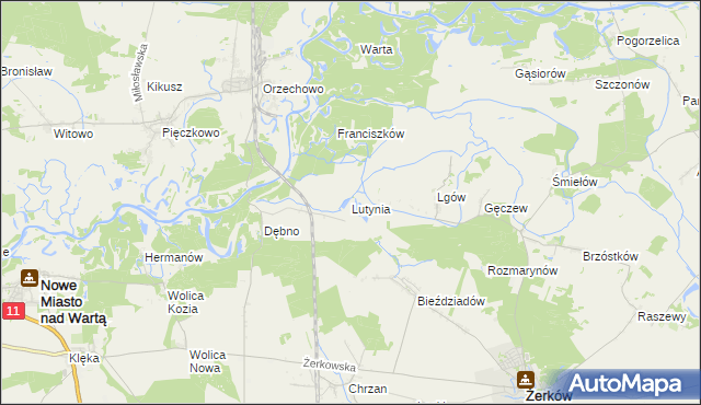 mapa Lutynia gmina Nowe Miasto nad Wartą, Lutynia gmina Nowe Miasto nad Wartą na mapie Targeo