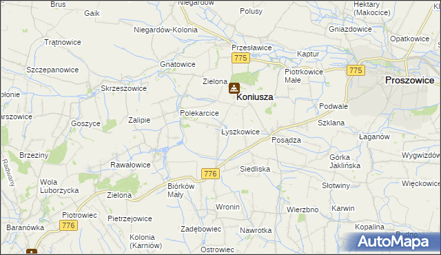 mapa Łyszkowice gmina Koniusza, Łyszkowice gmina Koniusza na mapie Targeo