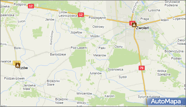 mapa Melanów gmina Zwoleń, Melanów gmina Zwoleń na mapie Targeo