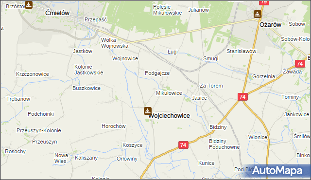 mapa Mikułowice gmina Wojciechowice, Mikułowice gmina Wojciechowice na mapie Targeo