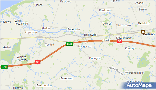 mapa Miłogoszcz gmina Będzino, Miłogoszcz gmina Będzino na mapie Targeo