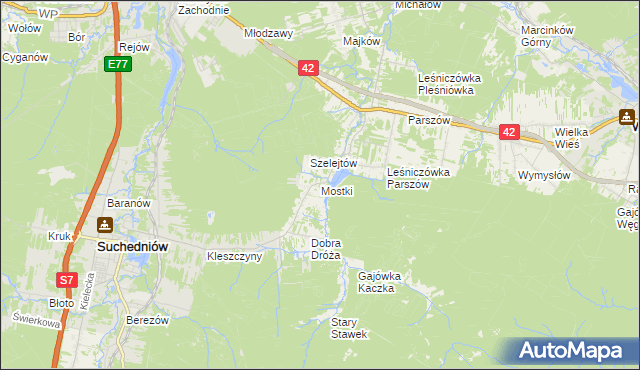 mapa Mostki gmina Suchedniów, Mostki gmina Suchedniów na mapie Targeo