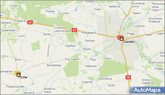 mapa Mostki gmina Zwoleń, Mostki gmina Zwoleń na mapie Targeo