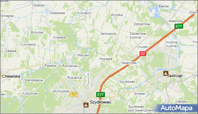 mapa Mszadla gmina Szydłowiec, Mszadla gmina Szydłowiec na mapie Targeo