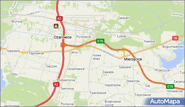 mapa Nowa Wieś gmina Mierzęcice, Nowa Wieś gmina Mierzęcice na mapie Targeo