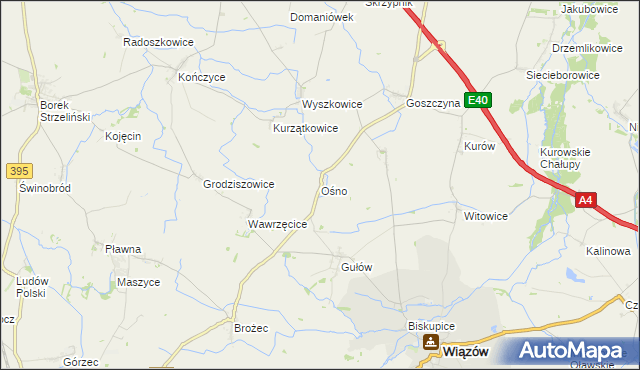 mapa Ośno gmina Wiązów, Ośno gmina Wiązów na mapie Targeo