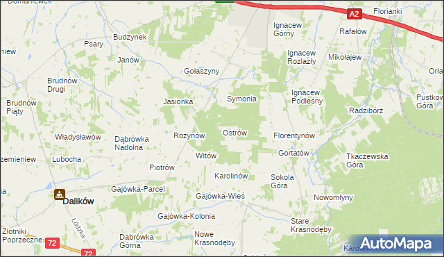 mapa Ostrów gmina Dalików, Ostrów gmina Dalików na mapie Targeo