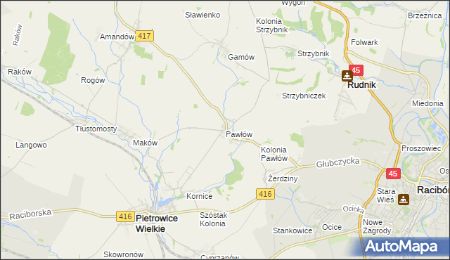 mapa Pawłów gmina Pietrowice Wielkie, Pawłów gmina Pietrowice Wielkie na mapie Targeo