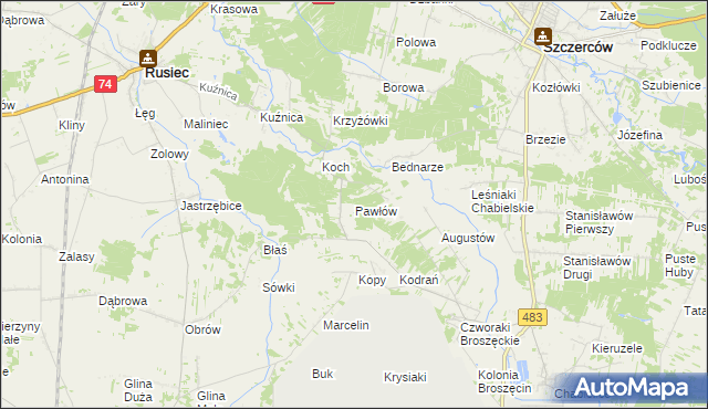 mapa Pawłów gmina Rusiec, Pawłów gmina Rusiec na mapie Targeo