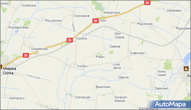 mapa Piaski gmina Miejska Górka, Piaski gmina Miejska Górka na mapie Targeo