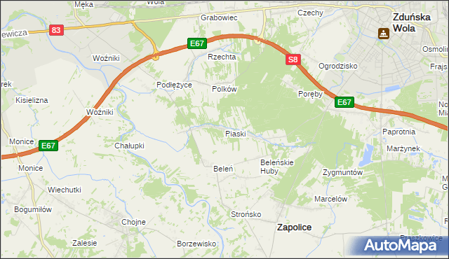 mapa Piaski gmina Zduńska Wola, Piaski gmina Zduńska Wola na mapie Targeo