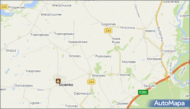 mapa Piotrkówko gmina Sicienko, Piotrkówko gmina Sicienko na mapie Targeo