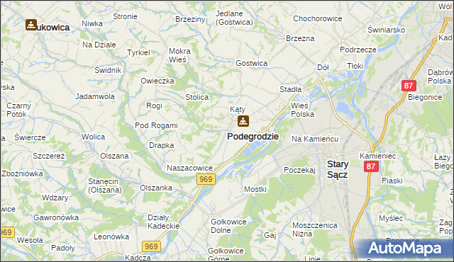 mapa Podegrodzie powiat nowosądecki, Podegrodzie powiat nowosądecki na mapie Targeo