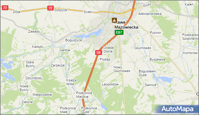 mapa Podlas gmina Rawa Mazowiecka, Podlas gmina Rawa Mazowiecka na mapie Targeo