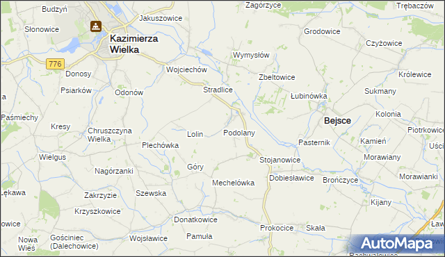 mapa Podolany gmina Kazimierza Wielka, Podolany gmina Kazimierza Wielka na mapie Targeo