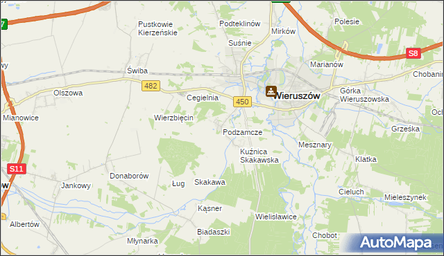 mapa Podzamcze gmina Wieruszów, Podzamcze gmina Wieruszów na mapie Targeo