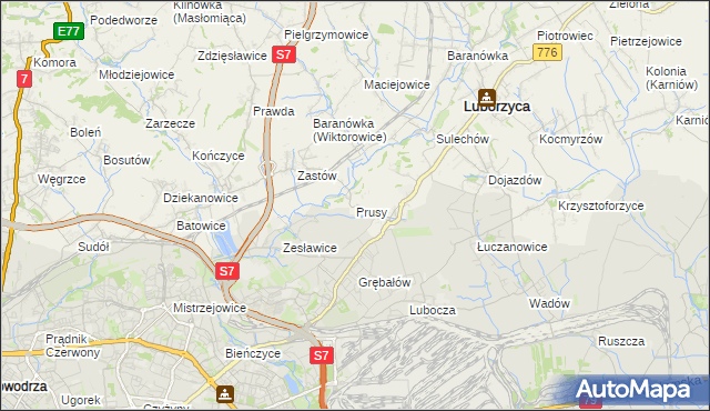 mapa Prusy gmina Kocmyrzów-Luborzyca, Prusy gmina Kocmyrzów-Luborzyca na mapie Targeo