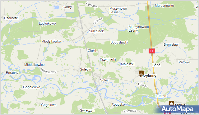 mapa Przymiarki gmina Krzykosy, Przymiarki gmina Krzykosy na mapie Targeo