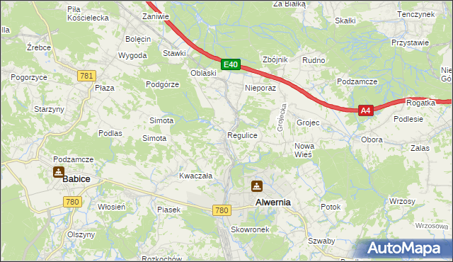 mapa Regulice gmina Alwernia, Regulice gmina Alwernia na mapie Targeo