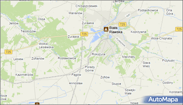 mapa Rokszyce gmina Biała Rawska, Rokszyce gmina Biała Rawska na mapie Targeo