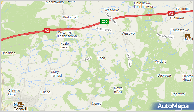 mapa Róża gmina Nowy Tomyśl, Róża gmina Nowy Tomyśl na mapie Targeo