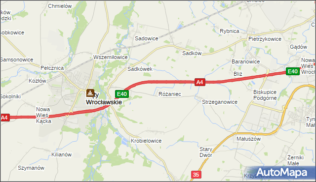 mapa Różaniec gmina Kąty Wrocławskie, Różaniec gmina Kąty Wrocławskie na mapie Targeo