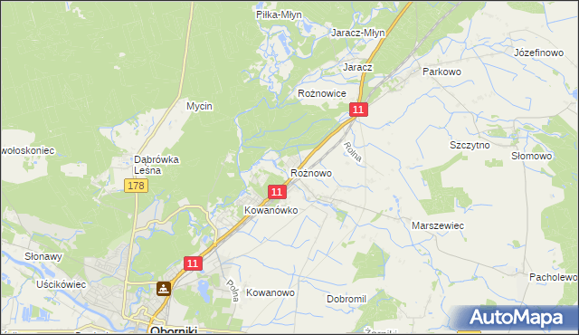 mapa Rożnowo gmina Oborniki, Rożnowo gmina Oborniki na mapie Targeo