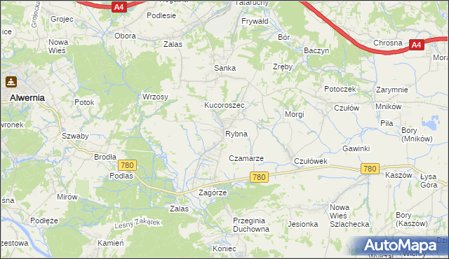 mapa Rybna gmina Czernichów, Rybna gmina Czernichów na mapie Targeo