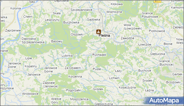 mapa Rychwałd gmina Pleśna, Rychwałd gmina Pleśna na mapie Targeo