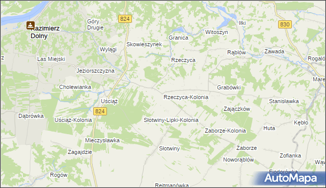 mapa Rzeczyca-Kolonia gmina Kazimierz Dolny, Rzeczyca-Kolonia gmina Kazimierz Dolny na mapie Targeo