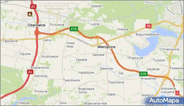 mapa Sadowie gmina Mierzęcice, Sadowie gmina Mierzęcice na mapie Targeo