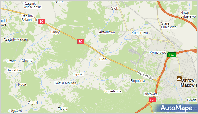 mapa Sielc gmina Ostrów Mazowiecka, Sielc gmina Ostrów Mazowiecka na mapie Targeo