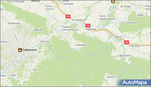 mapa Sieraków gmina Daleszyce, Sieraków gmina Daleszyce na mapie Targeo