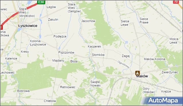 mapa Słomków gmina Maków, Słomków gmina Maków na mapie Targeo