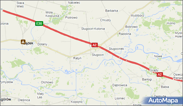 mapa Sługocin gmina Lądek, Sługocin gmina Lądek na mapie Targeo