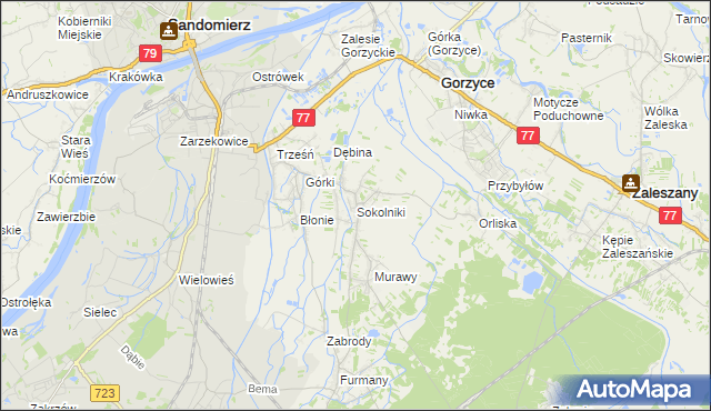 mapa Sokolniki gmina Gorzyce, Sokolniki gmina Gorzyce na mapie Targeo