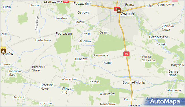 mapa Sosnowica gmina Zwoleń, Sosnowica gmina Zwoleń na mapie Targeo