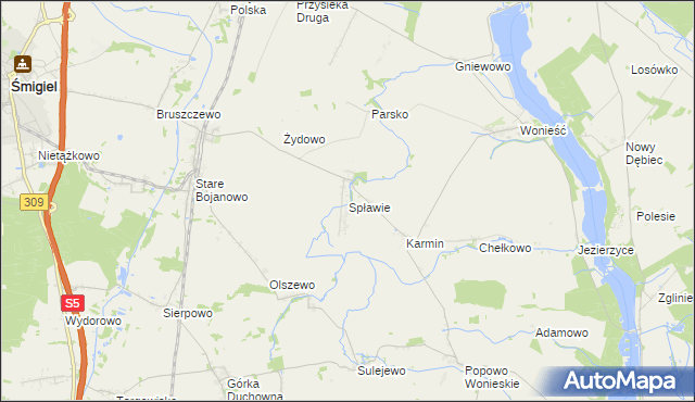 mapa Spławie gmina Śmigiel, Spławie gmina Śmigiel na mapie Targeo