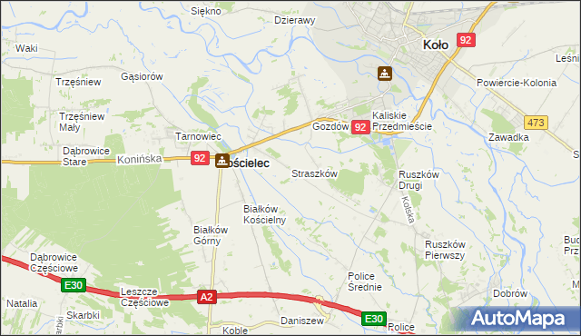 mapa Straszków gmina Kościelec, Straszków gmina Kościelec na mapie Targeo