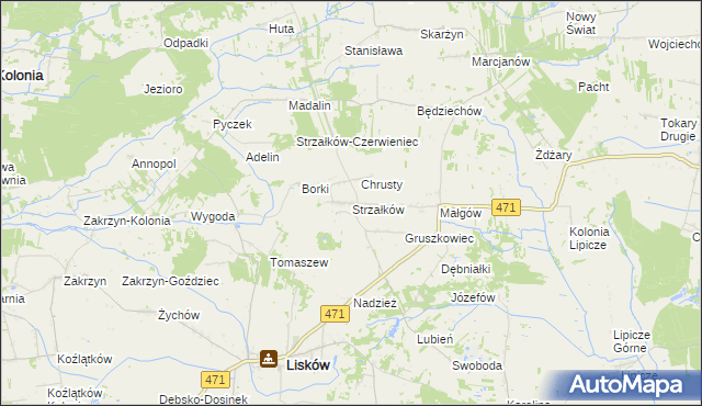 mapa Strzałków gmina Lisków, Strzałków gmina Lisków na mapie Targeo