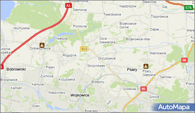 mapa Strzyżowice gmina Psary, Strzyżowice gmina Psary na mapie Targeo