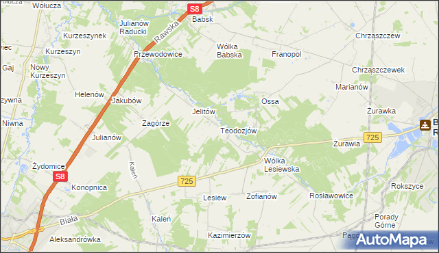 mapa Teodozjów gmina Biała Rawska, Teodozjów gmina Biała Rawska na mapie Targeo