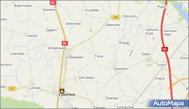 mapa Tylice gmina Łysomice, Tylice gmina Łysomice na mapie Targeo