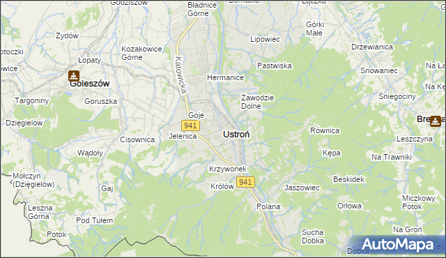 mapa Ustroń powiat cieszyński, Ustroń powiat cieszyński na mapie Targeo