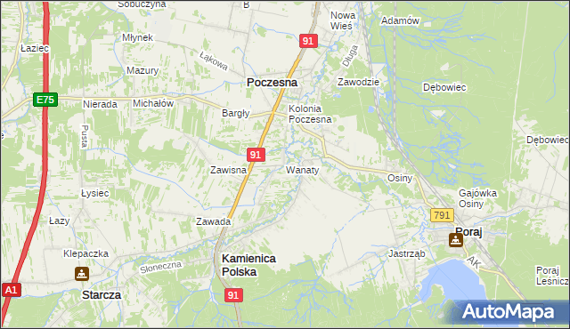 mapa Wanaty gmina Kamienica Polska, Wanaty gmina Kamienica Polska na mapie Targeo