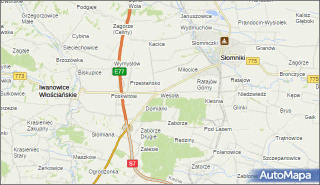 mapa Wesoła gmina Słomniki, Wesoła gmina Słomniki na mapie Targeo