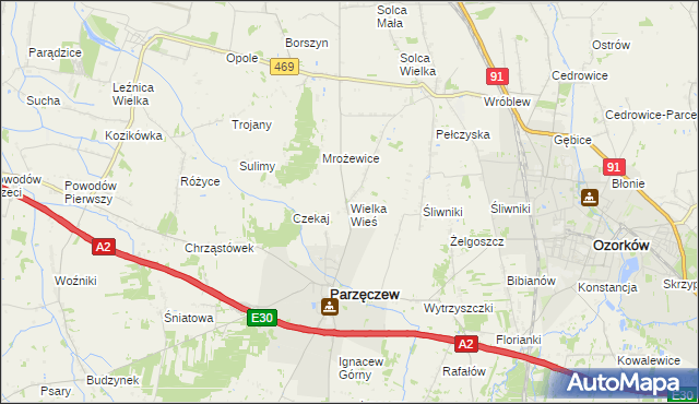 mapa Wielka Wieś gmina Parzęczew, Wielka Wieś gmina Parzęczew na mapie Targeo